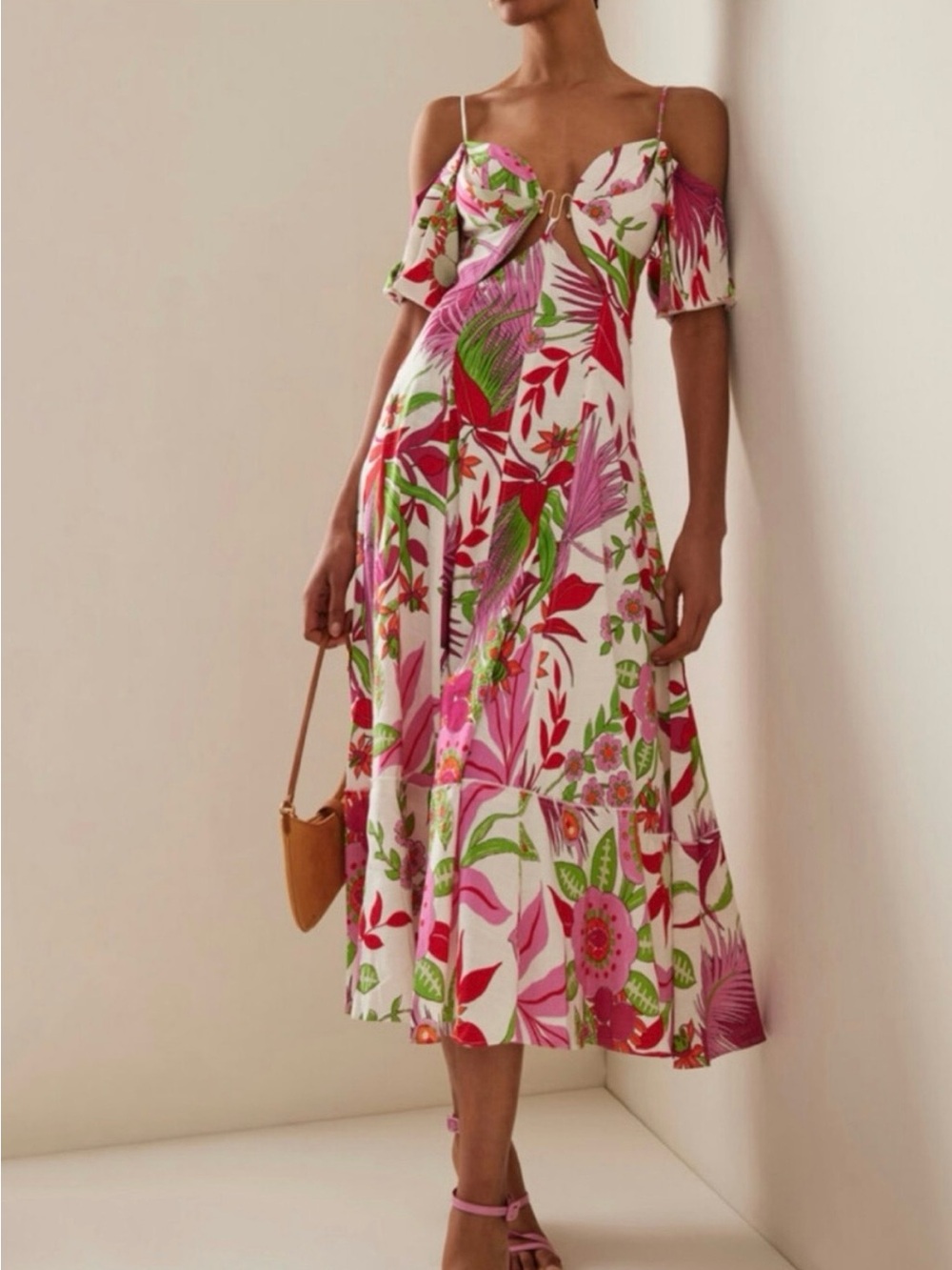 Cult Gaia Dina Pink and Green Floral Cold-Shoulder Midi Dress